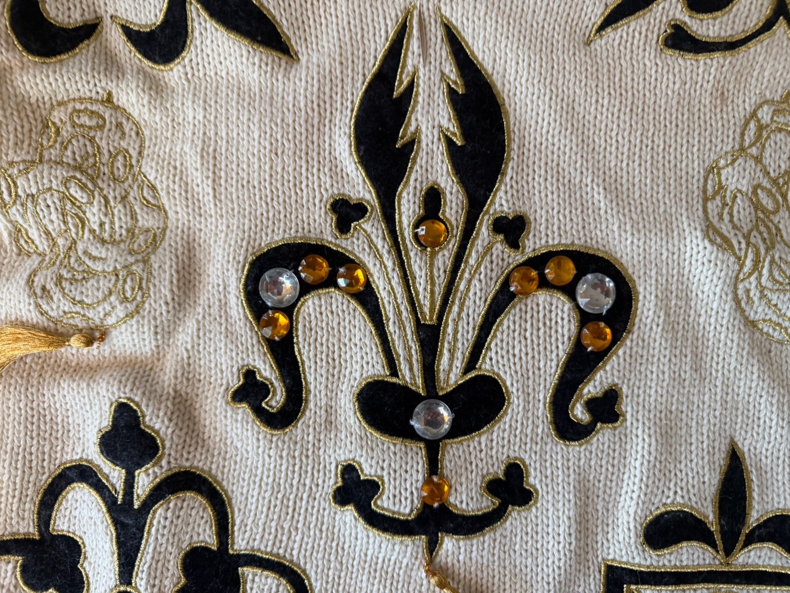 Vintage Bonnie & Bill Sweater S Cream Fleur De Lis Knit Embroidered Tassel 80s