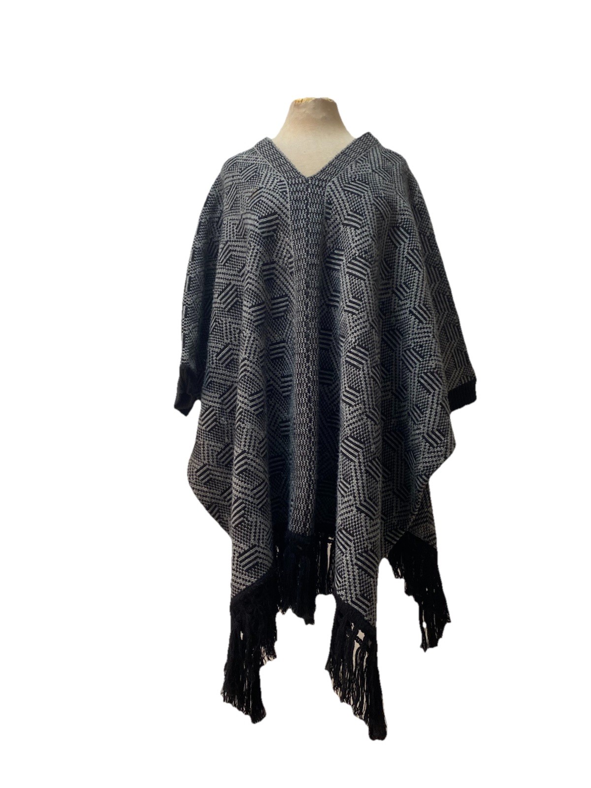 Vtg Black Gray boho poncho long fringe sweater cape jacket one size southwest