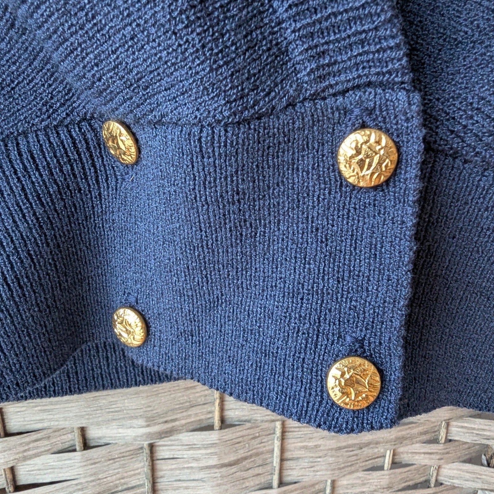 Vtg 80s Navy Blue Cropped Cardigan Gold Buttons Preppy Nautical Sweater USA 8