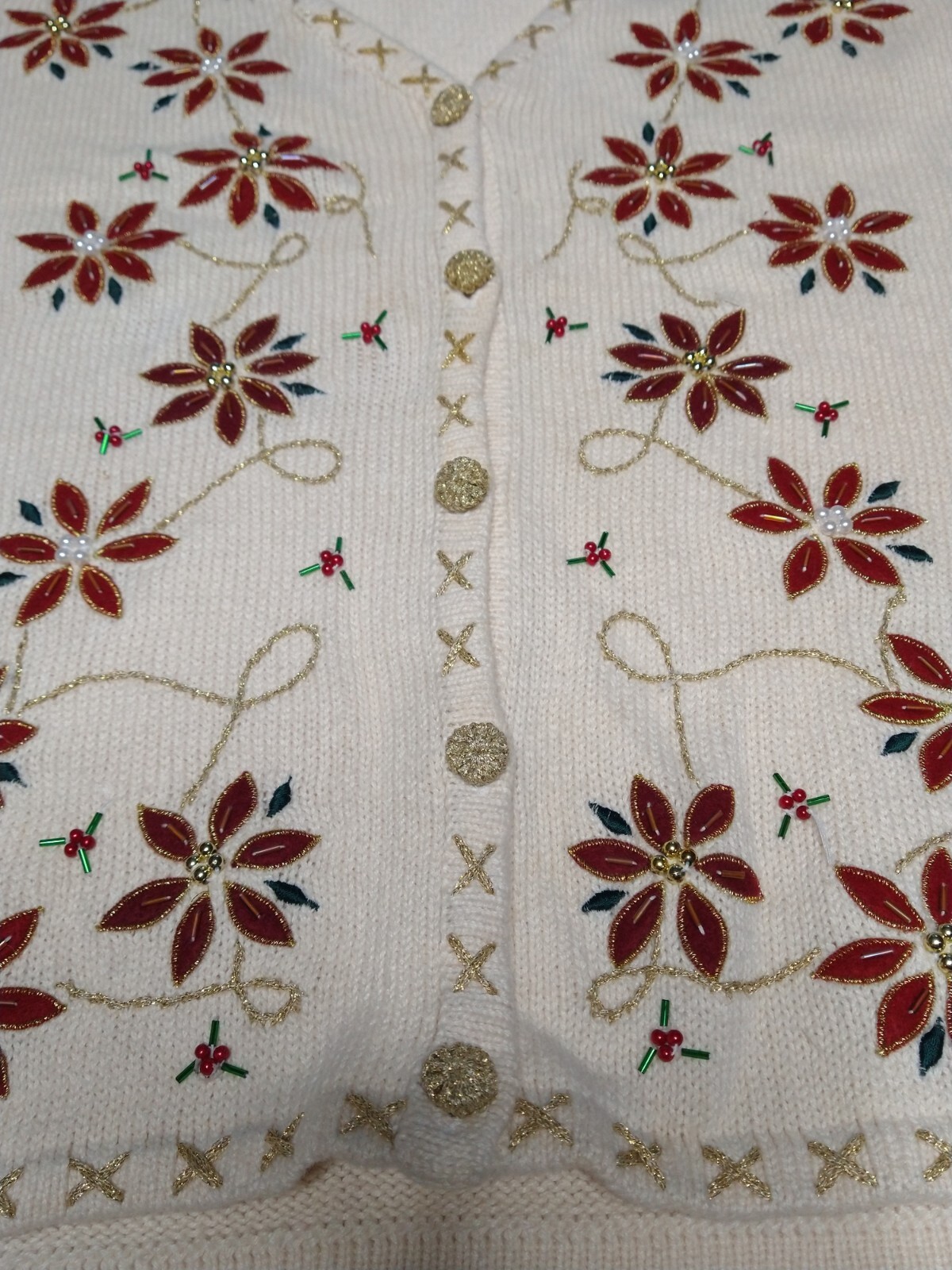 Vtg 90s Bobbie Brooks Poinsettia Holiday Christmas Beaded Metallic Sweater Vest