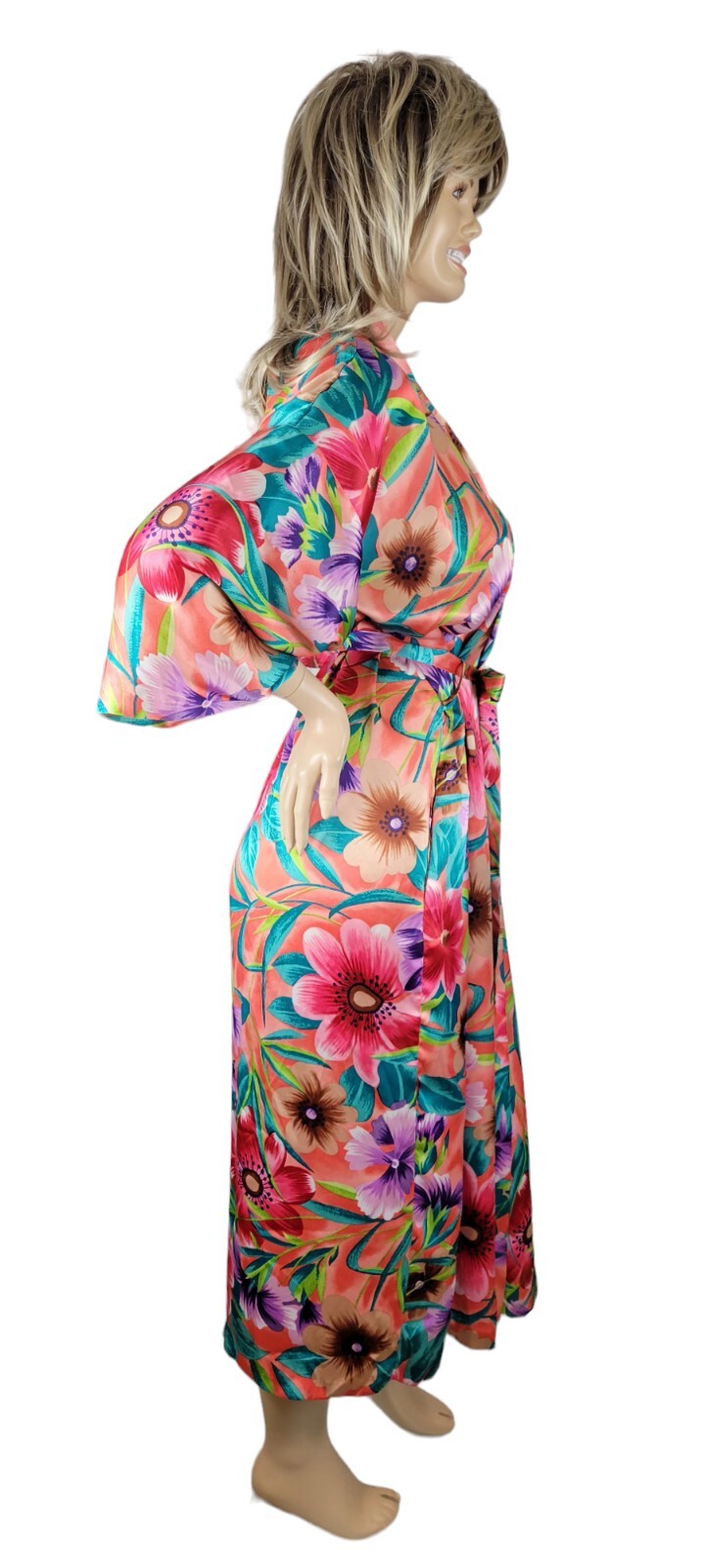 Vtg Sears Just For Women Tropical Floral Satin Maxi Caftan Kimono Robe One Size