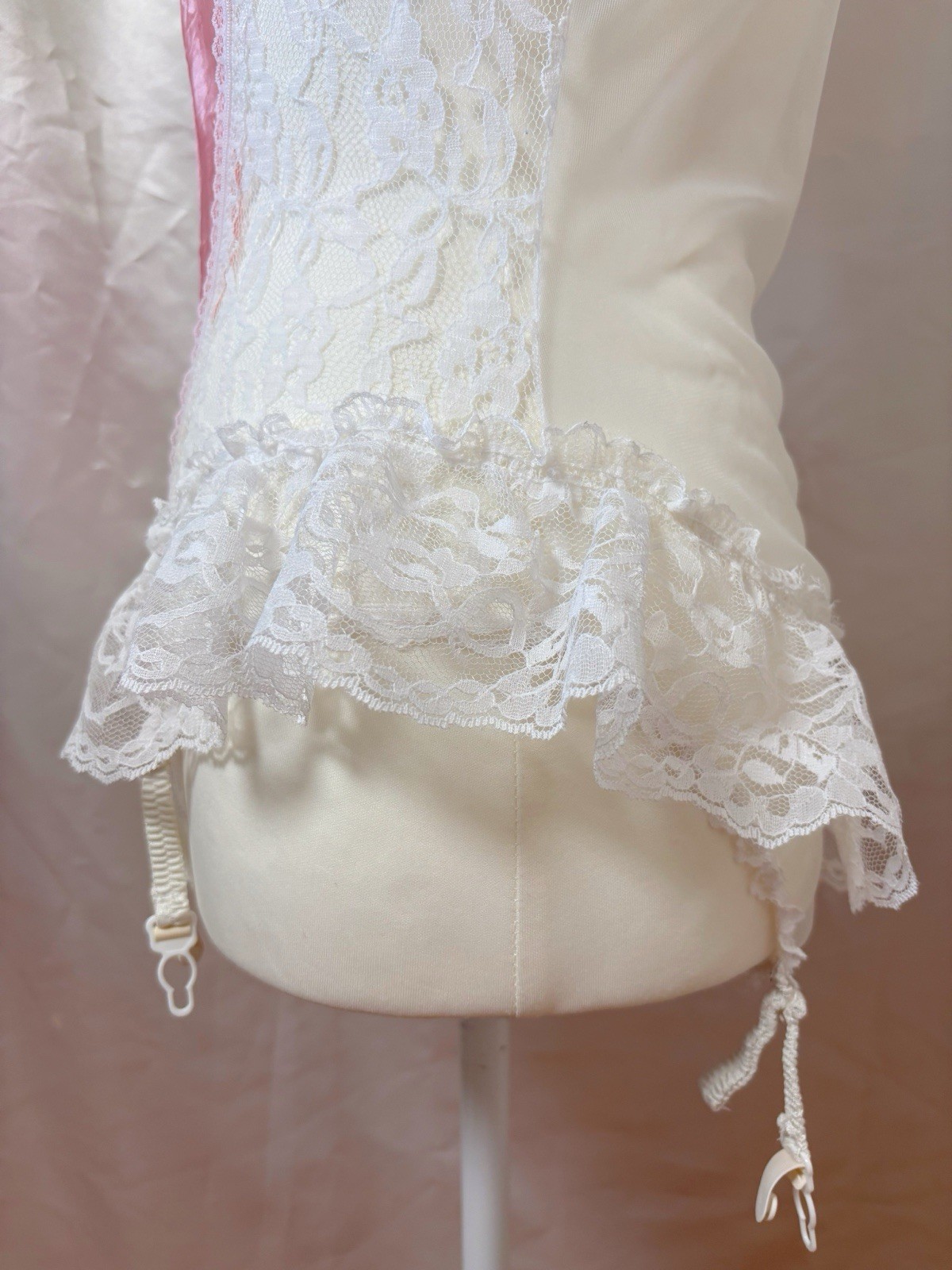 Vintage 80s Lace Pink White Lingerie Teddy Nightgown Romper Bodysuit USA Kawaii