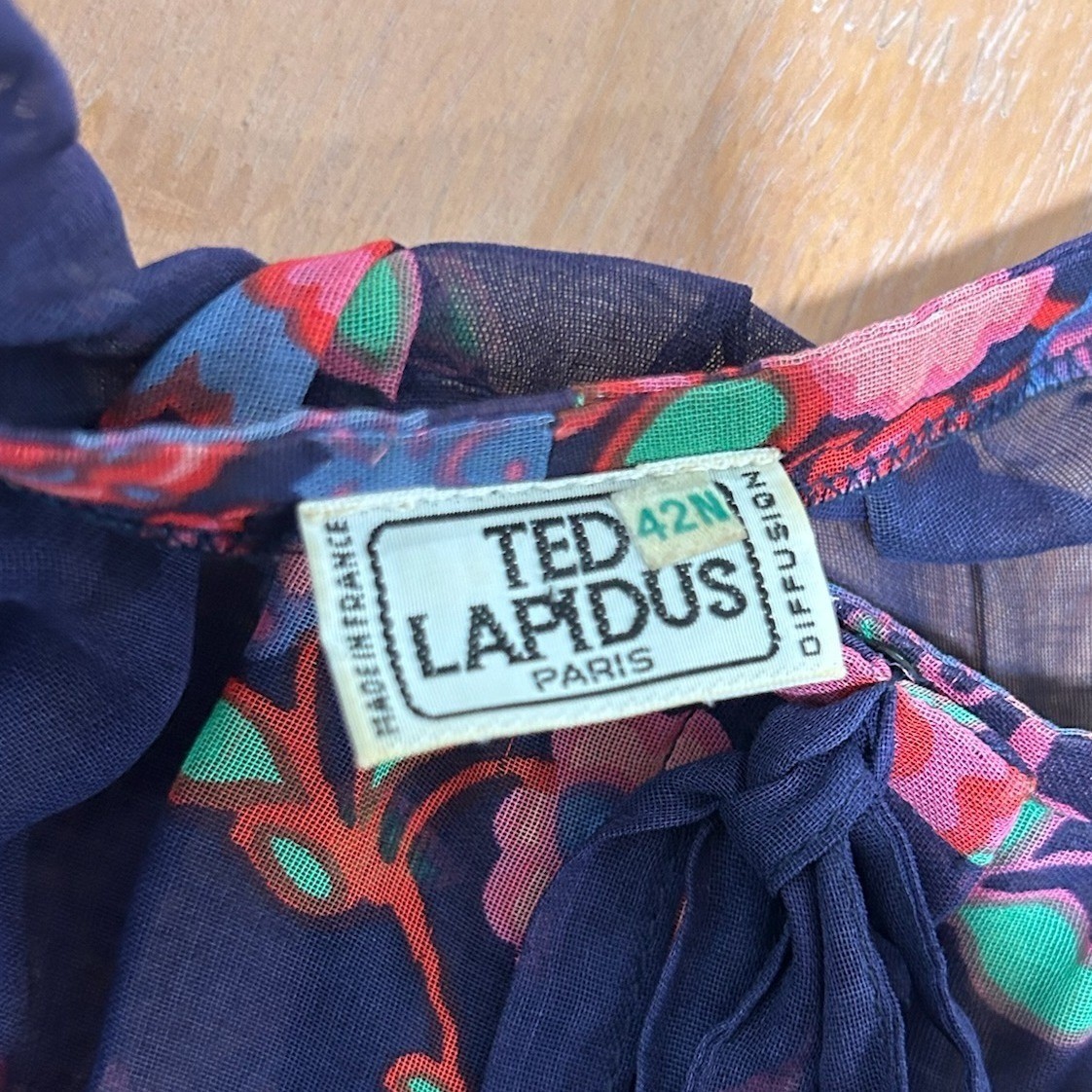 VintageTed Lapidus Paris Floral Dress Sz 42 Navy Blue Boho Ruched Feminine Fairy