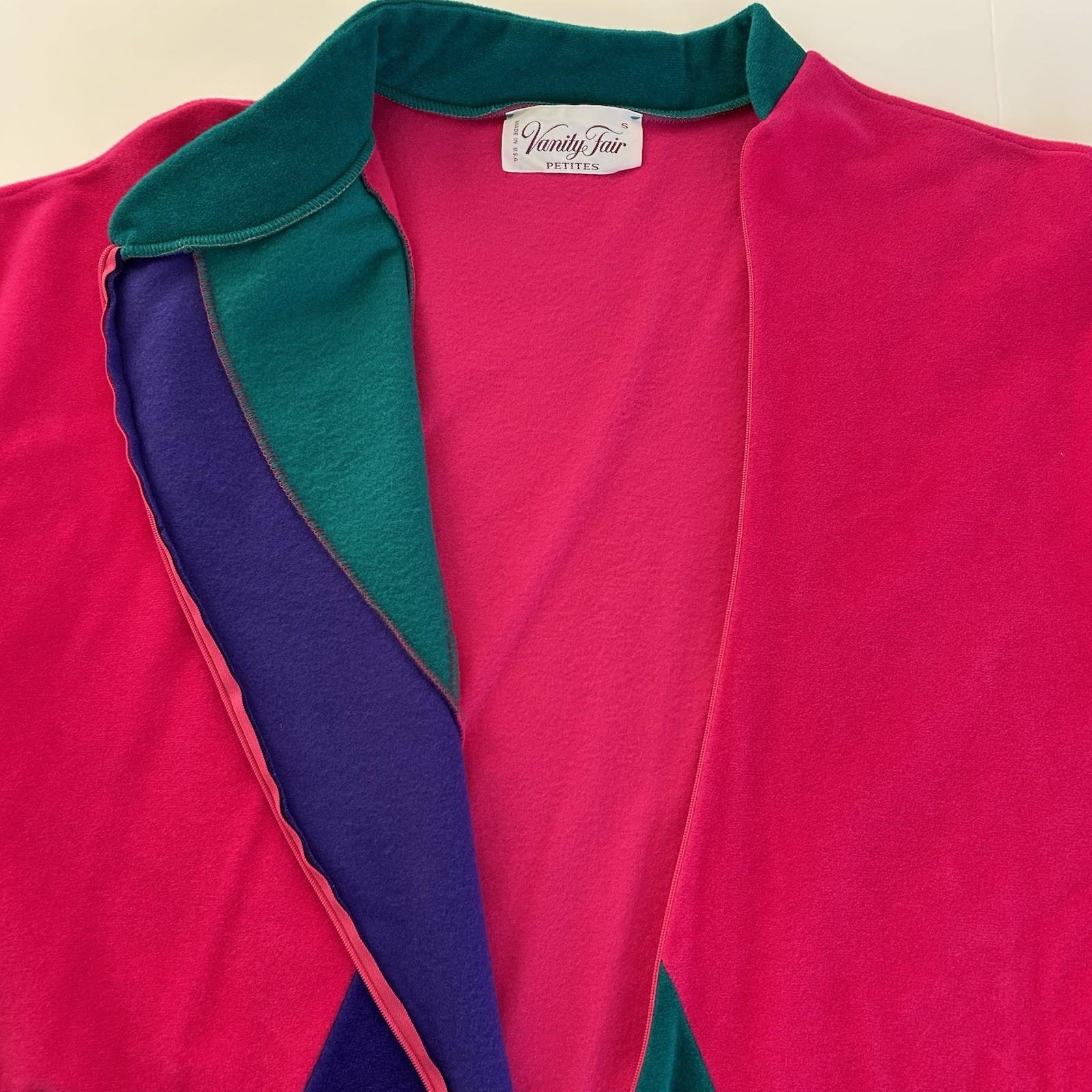 Vtg Vanity Fair Velour Robe S Pink Purple Green House Coat Color Block Retro USA