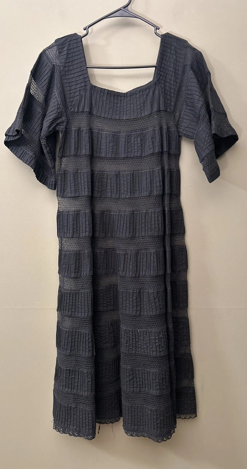 Vintage 70s Phoenix Black Pin Tucked Mexican Crochet Cotton Wedding Midi Dress 8