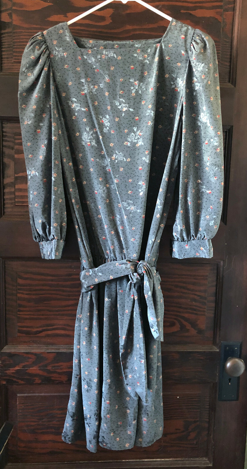 Vintage 80’s KATIE MFG Floral LS Dropped Waist Dress Blue Gray Dress Size 8