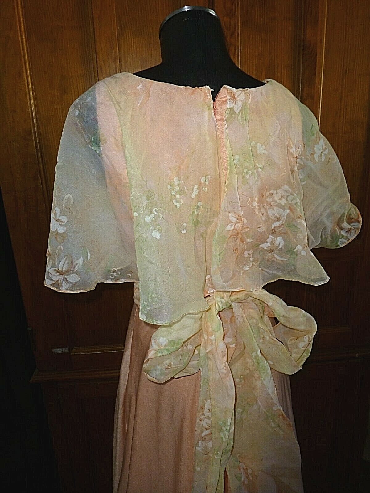Vtg 70s Jersey Matte Cape Ruffle Floral Chiffon Boho Evening Wedding maxi Dress