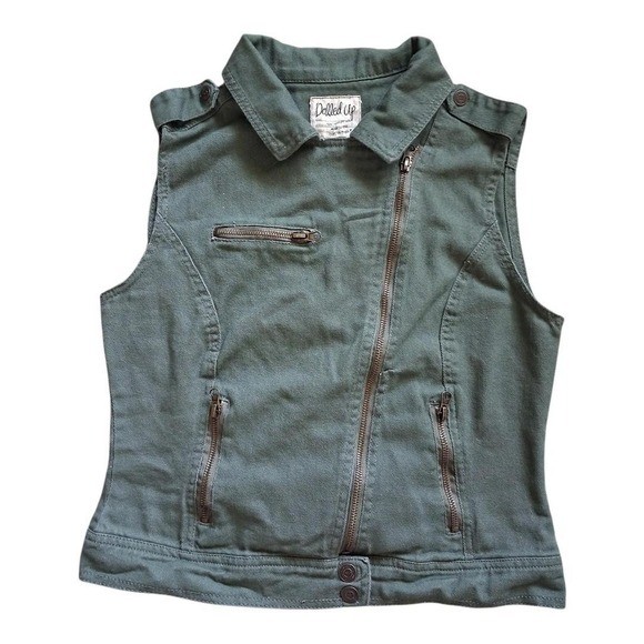 Y2K Olive Green Studded Moto Vest Asymmetrical Zip Military Punk