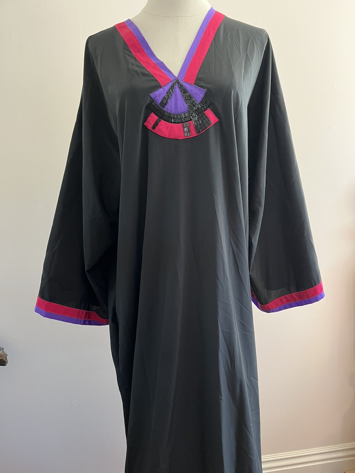 Vintage Designer Long Caftan Bill Tice Slinky Black w/ Pink Purple Beads Pockets