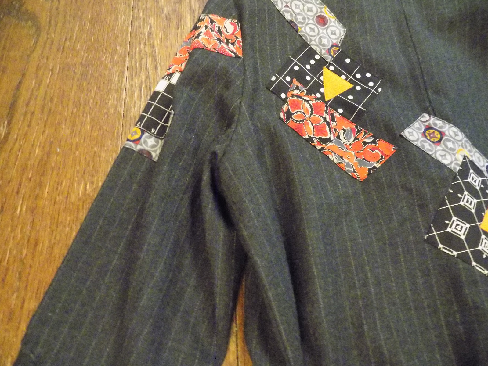 Vtg Canvasbacks Art to Wear Patchwork Blazer Pinstripe Gray Belt Suit Jacket XS