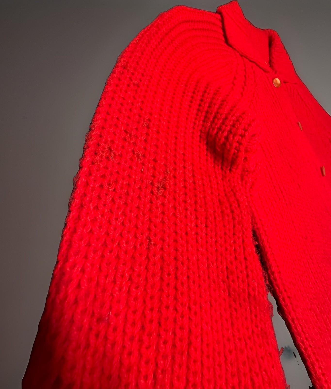 ⁠Vtg 60s 70s British Vogue Red Chunky Knit Cardigan Sweater Turbo Orlon Acrylic