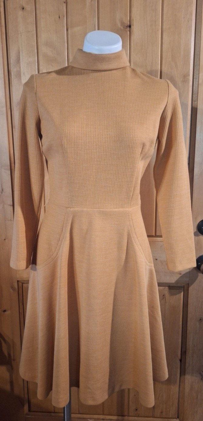 1970s Tan Knit Skater Dress Mod