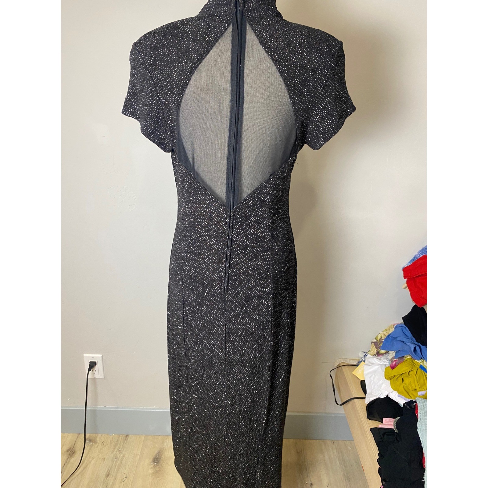 Night Way Collections Vintage Black Shimmer Mesh Cutout Maxi Dress Gown 90s