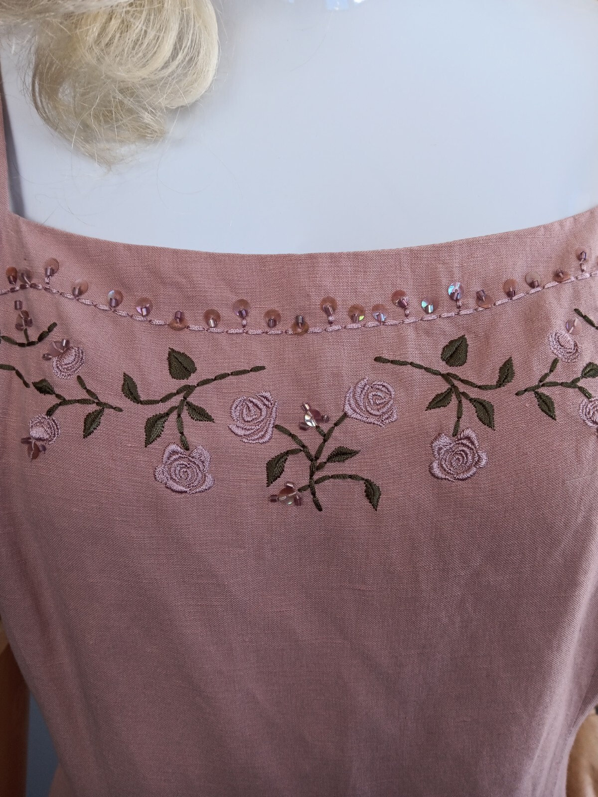 Precious 1990’s Y2K Casual Corner Pink Beaded Linen/Silk Blend Slip Dress
