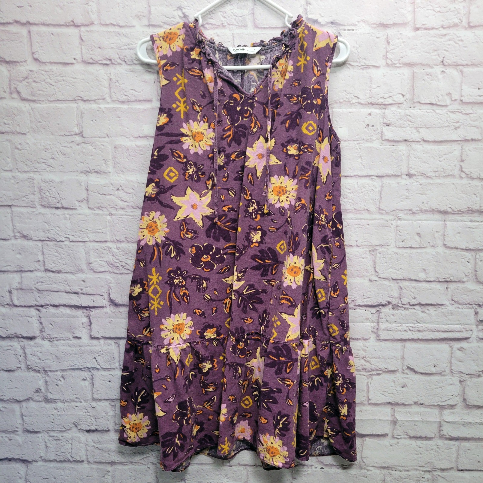 Sonoma Goods For Life Purple Floral Linen Mini Dress M Tiered Boho Cottage Indie