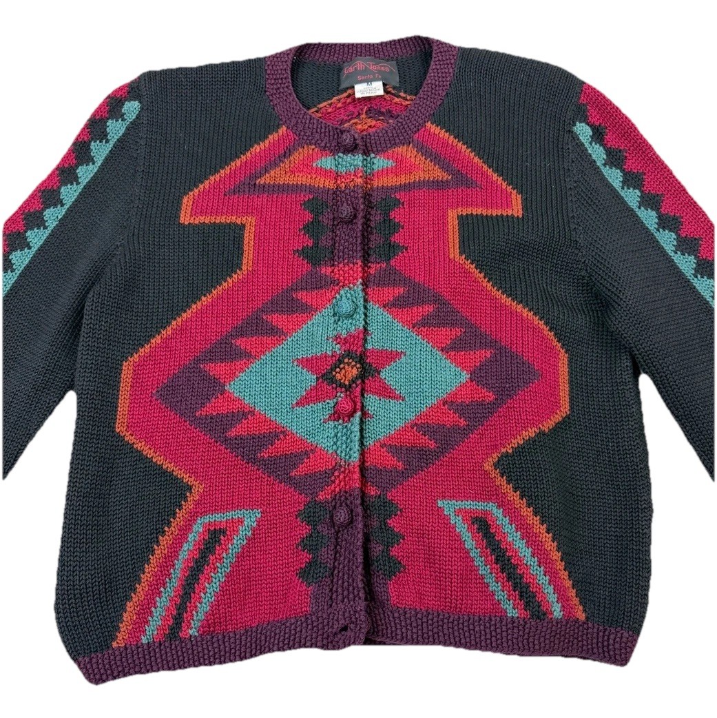 Vtg Earth Tones Santa Fe Sz S/M Cardigan Sweater Aztec Southwestern Cotton Peru