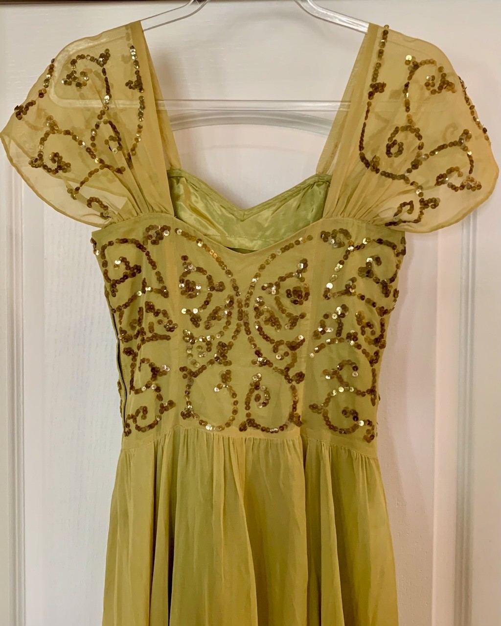 Vintage 1930s Princess Chartreuse green /yellow Chiffon & sequin Gown long Dress