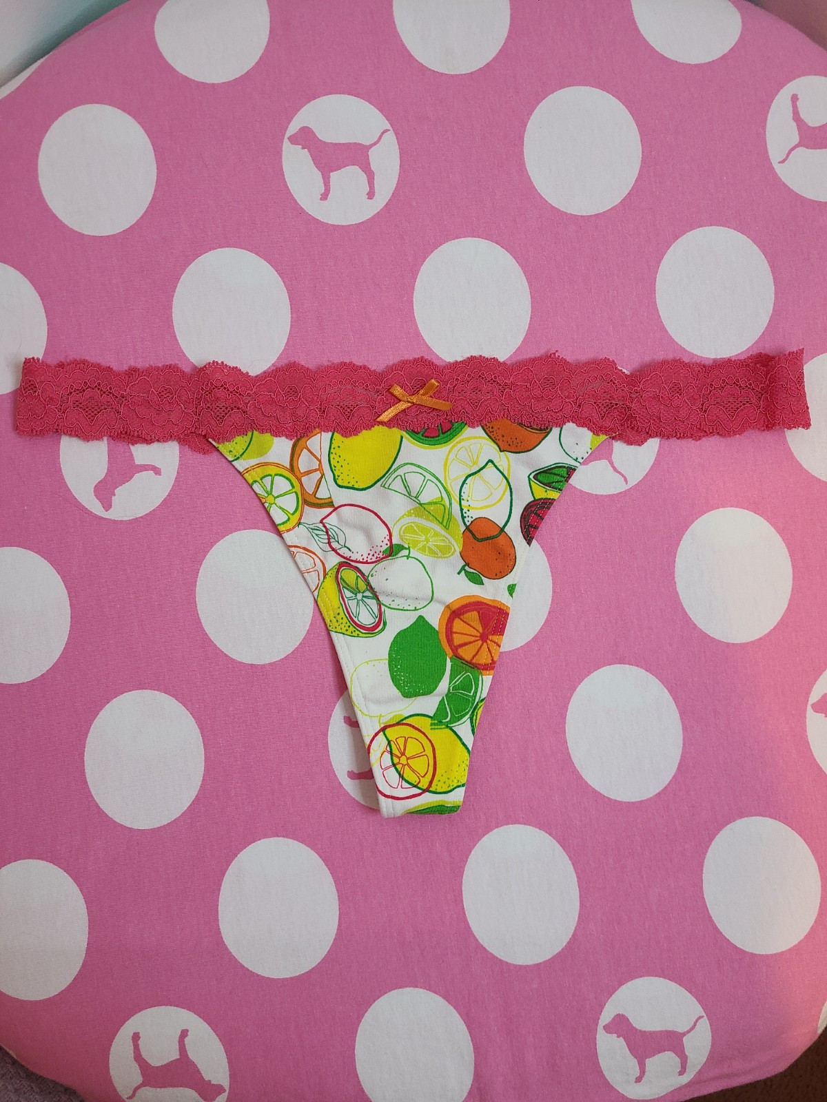 Rare VTG Victoria’s Secret PINK Lace Waist Cotton Citrus Thong Size Lg