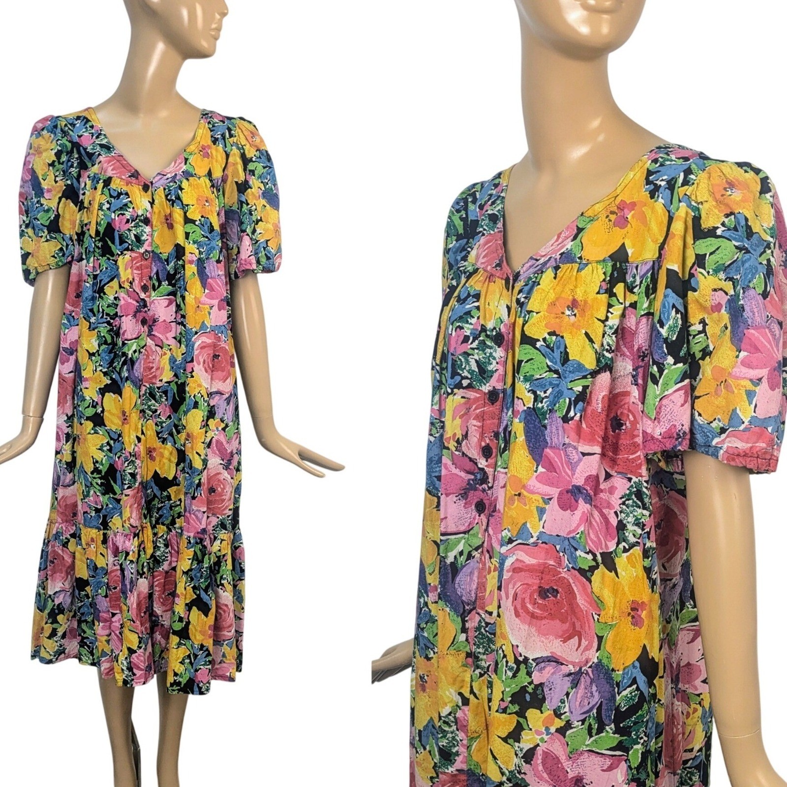 Vintage Star of India 70s Bright Multicolor Floral Cotton Dress Puff Sleeve Sml