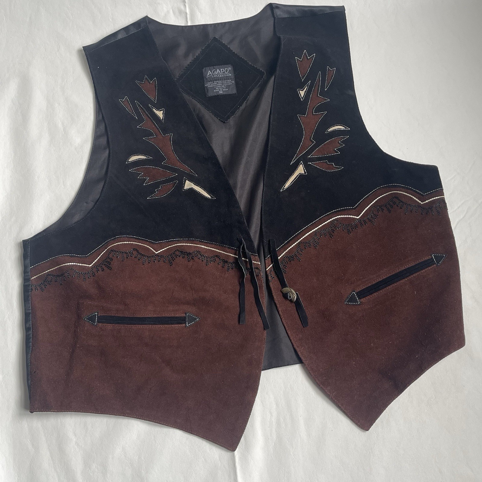 Agapo Collection Vintage Western Leather Vest Black Brown Suede Embroidered 3x