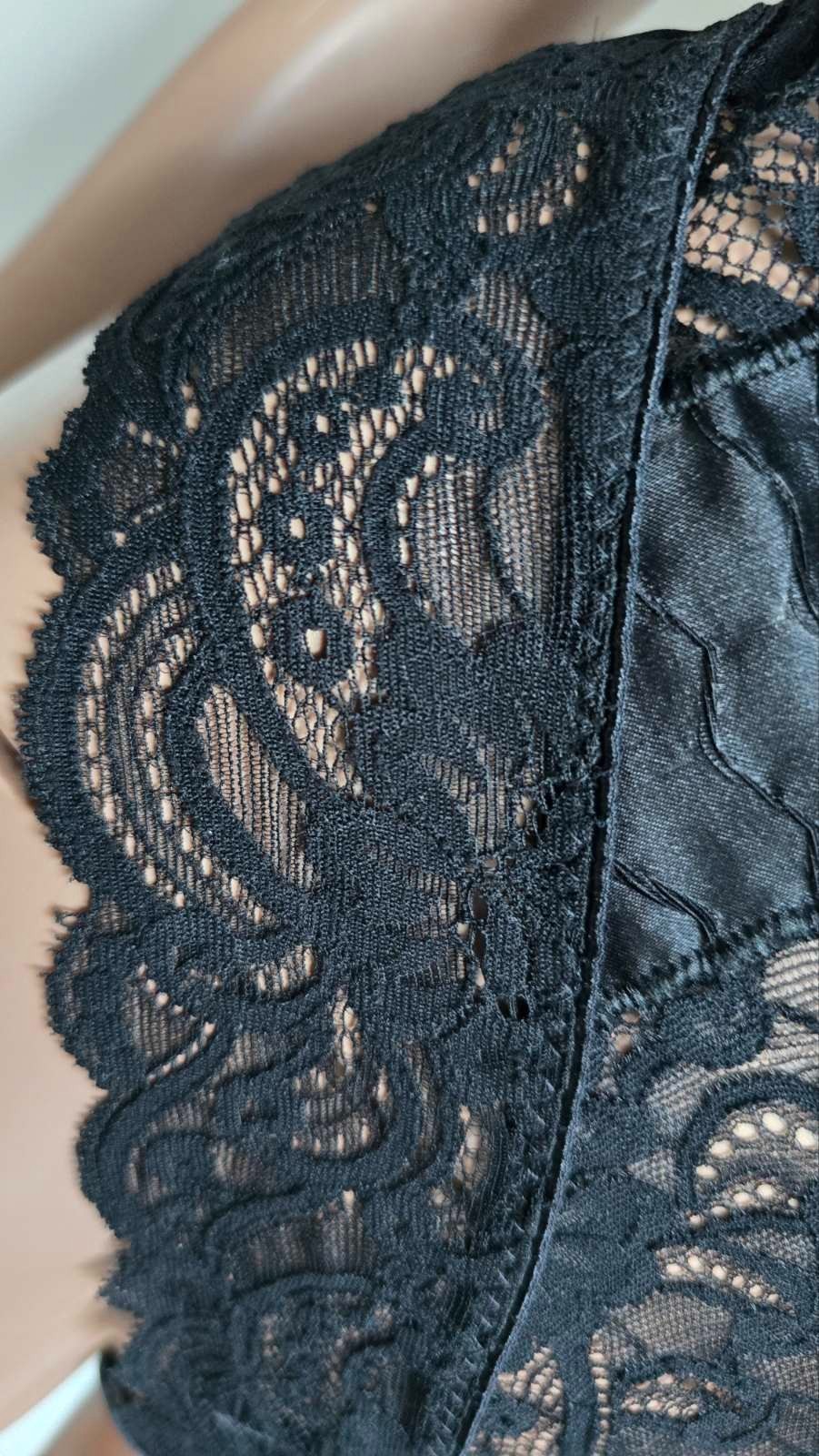 Vintage 80s MISS LEPEL Black Bodysuit Nylon Blend Guipure Inserts. Size 3