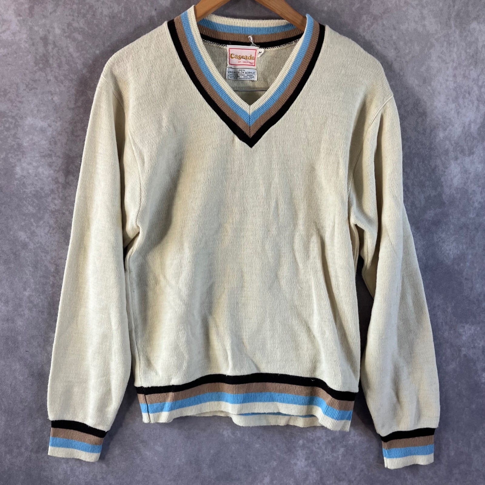 Cascade of California Sweater Women M Cream Blue Striped V-Neck 60s Vintage
