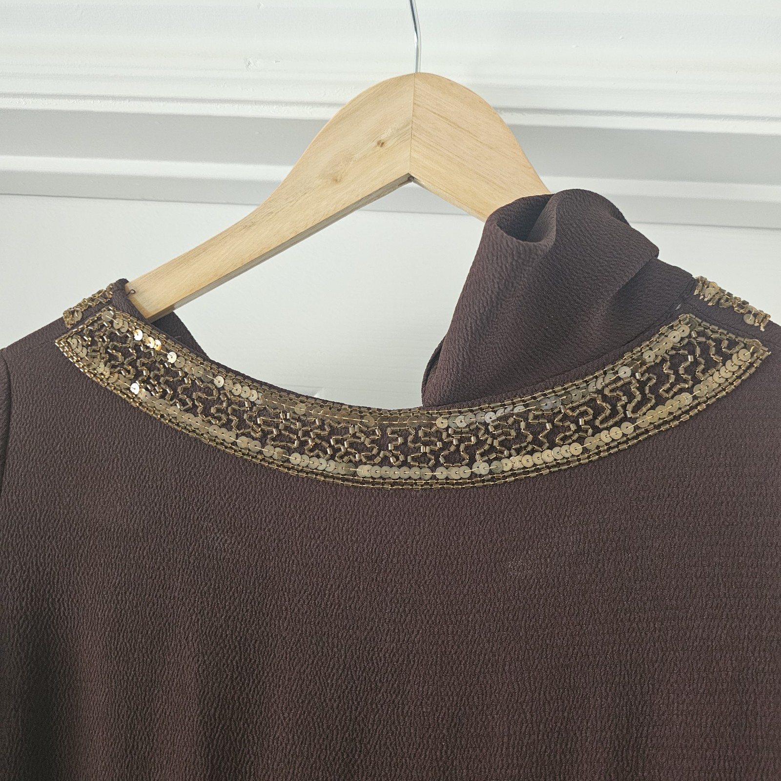 1930s Vintage Blue Eagle Brown Rayon Crepe Peplum Gold Beaded Dress Belt Set #90
