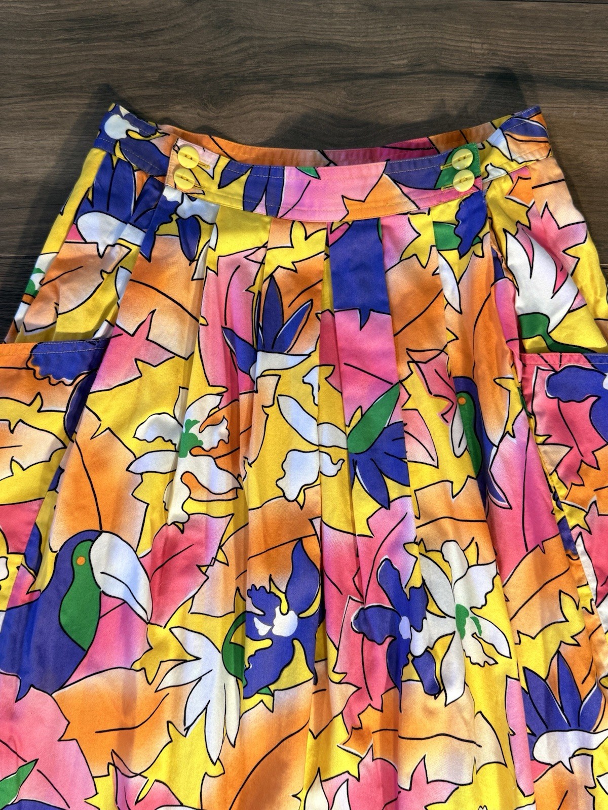 Vintage SK & Co. Bright Tropical Bird Cotton Midi Skirt Festival Women’s XS