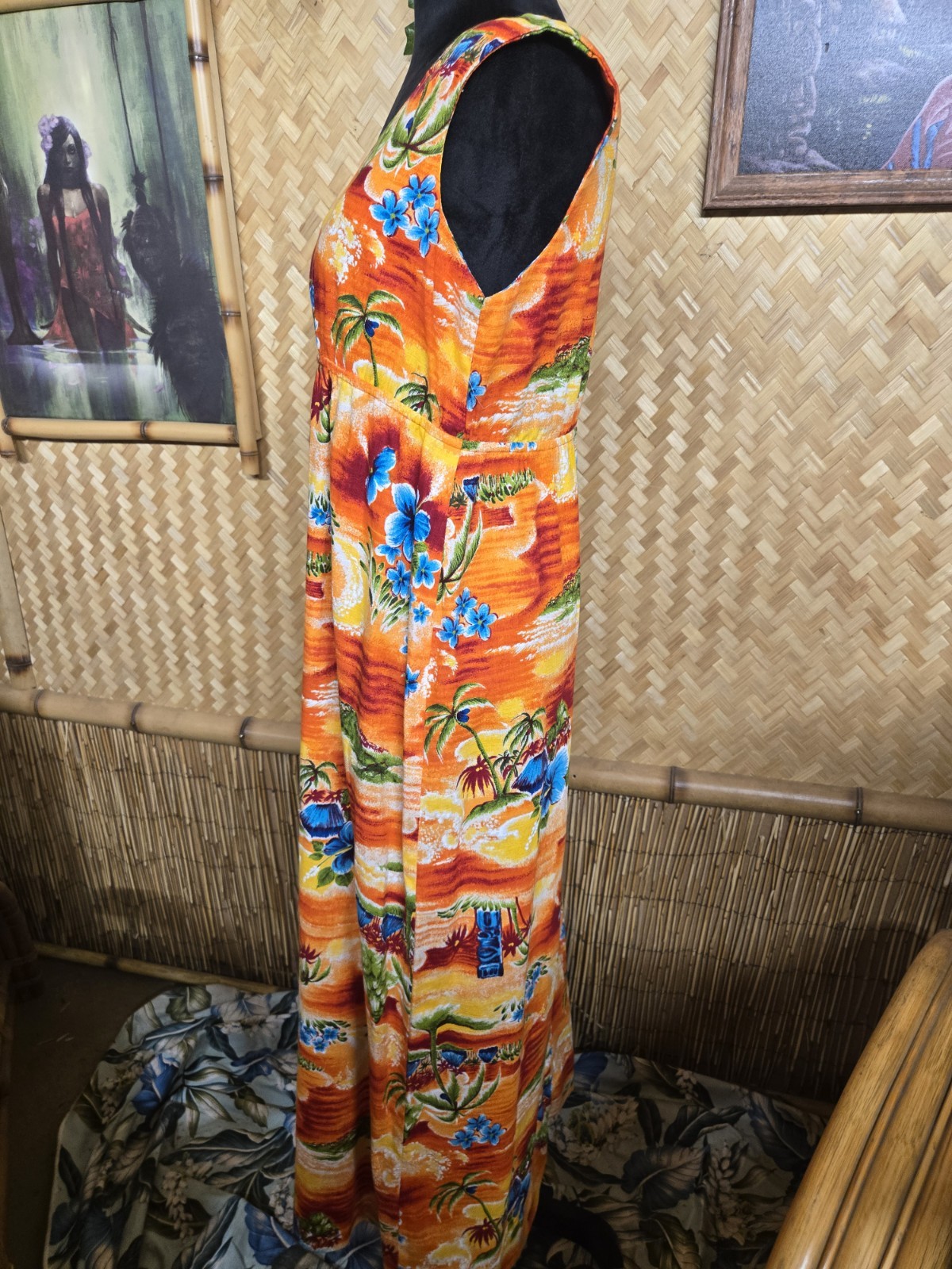 Vintage Hookano Brand Hawaiian Barkcloth Aloha Maxi Dress w1249
