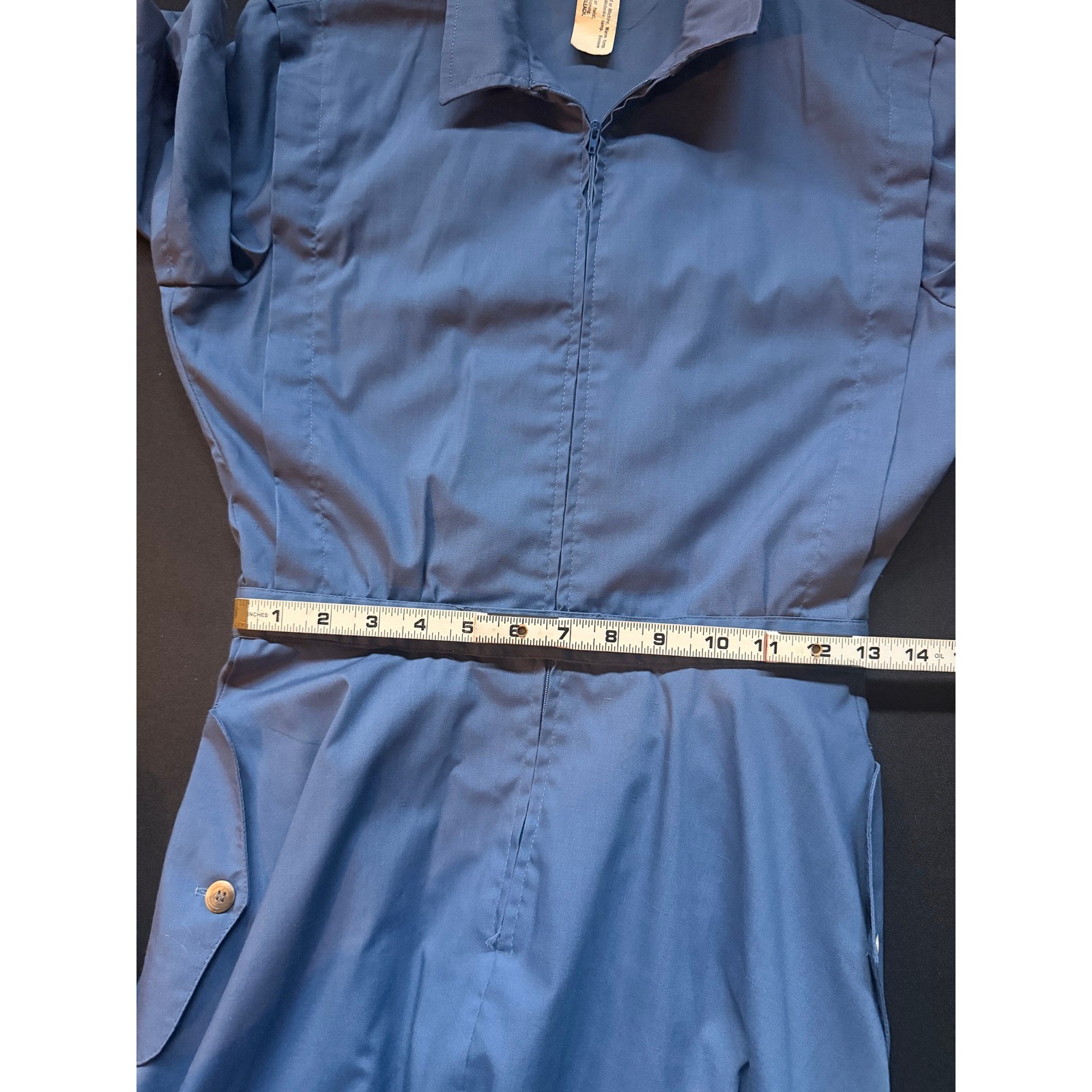 Vintage Blue Zip Front Midi Dress Short Sleeve Utility Workwear Pockets Retro