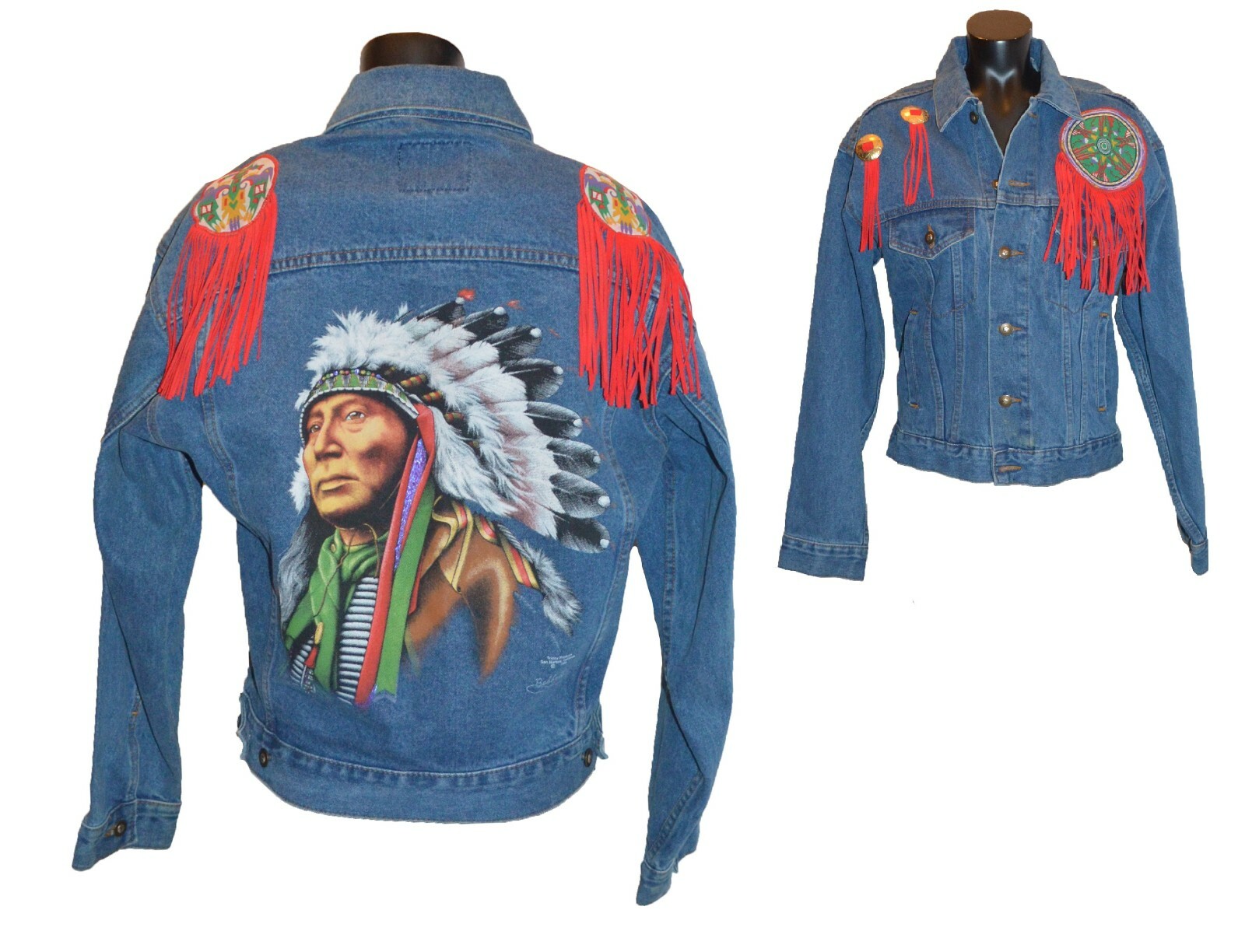 Trinity Products Vintage 1990 Native American Chief Fringe Denim Jacket size M