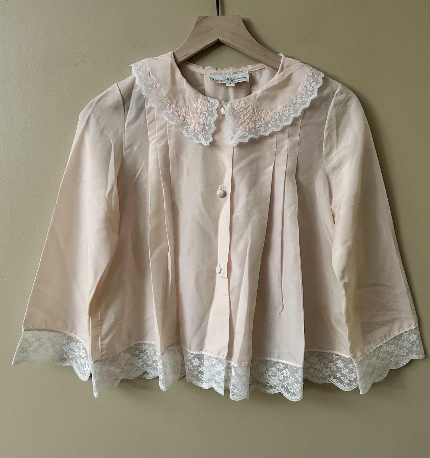1960s Pink Lace Bed Shirt Corhan Noumair Hand Embroidered Babydoll Style Small