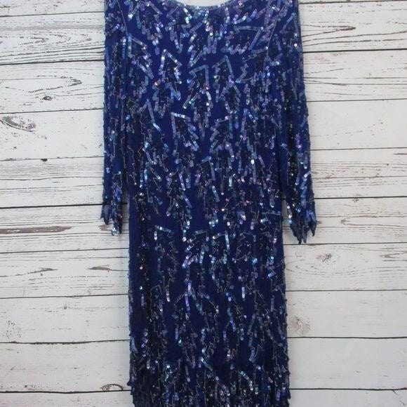 Scala Vintage beaded and sequined blue gown evening dress L beaded fringe