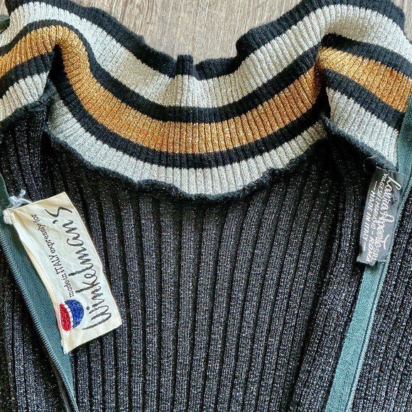 Vintage 1970s Italian Metallic Striped Colorblock Glitter Lurex Ribbed Knit Gown