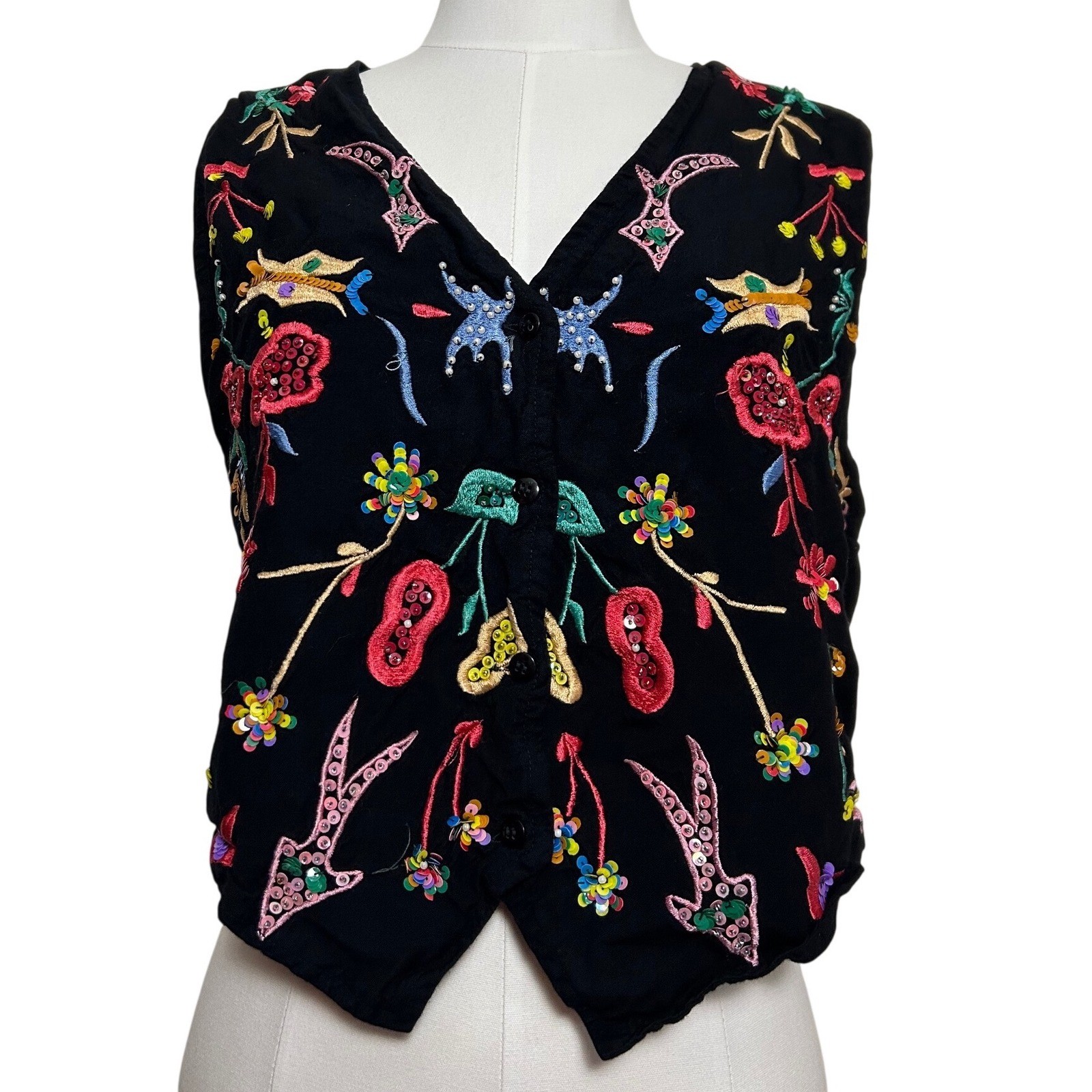 Vintage Passports Pier 1 Imports Embroidered Beaded Sequin Vest Black One Size