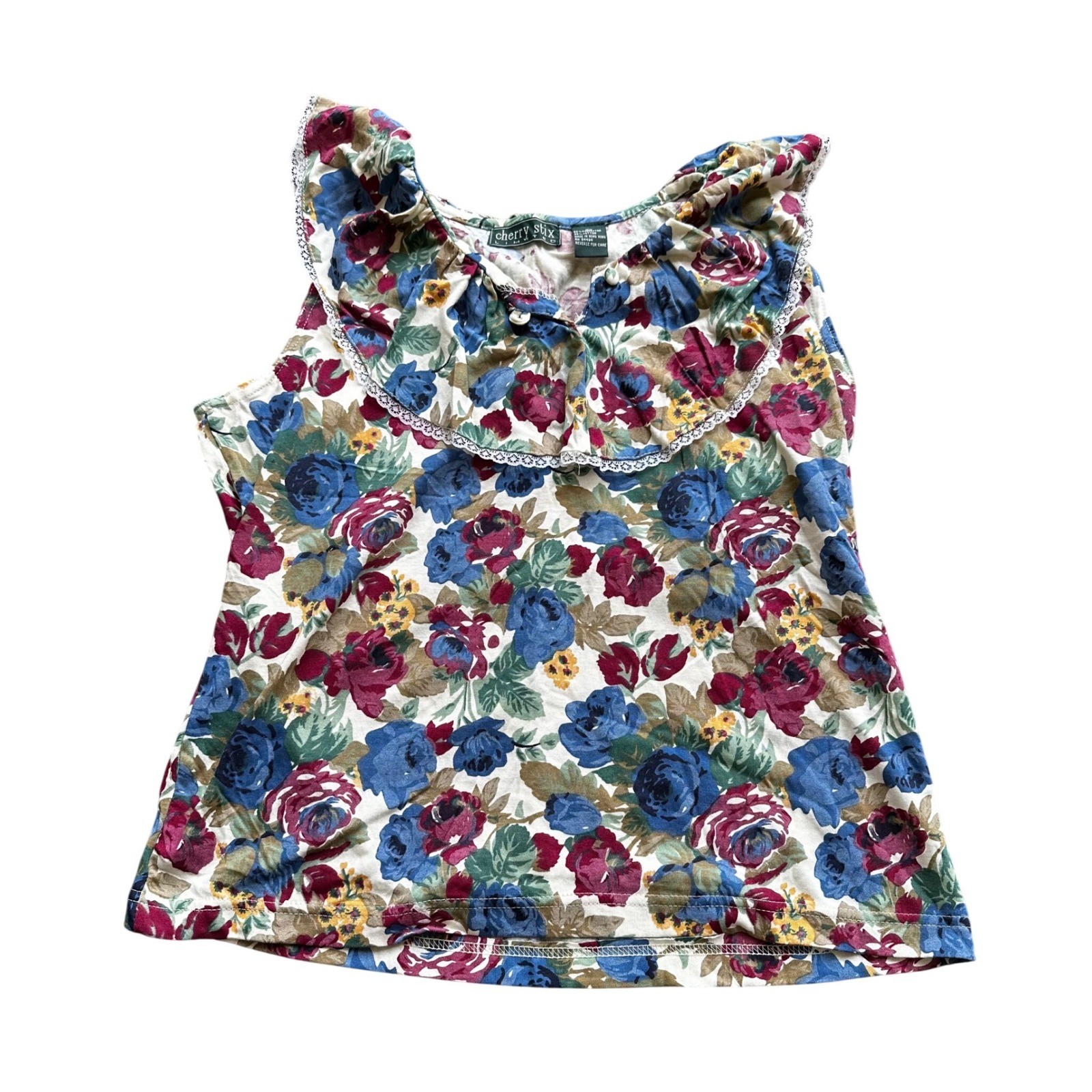 Vintage 1995 Cherry Stix Floral Ruffle Lace Trim Sleeveless Top Womens Large L
