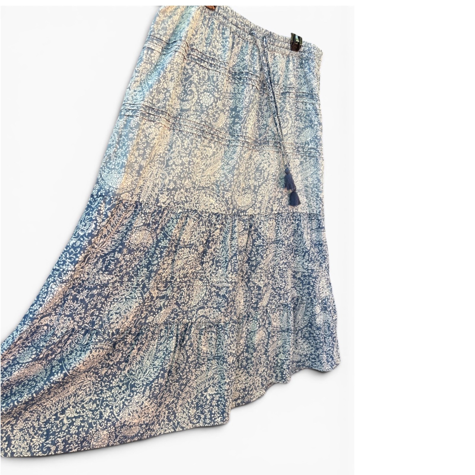 J. Jill Denim Ombre Paisley Tiered Midi Skirt Sz XL Cottagecore Boho
