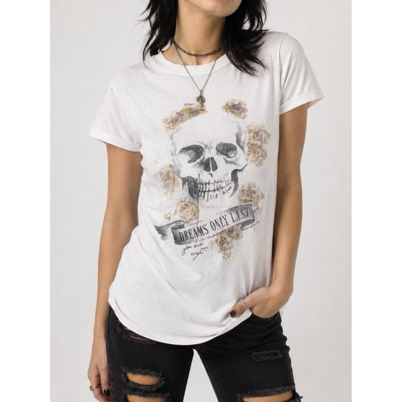 Mall Goth T-Shirt Wound Up Skull Rose Graphic Tee White Grunge Vintage 90s Y2k L
