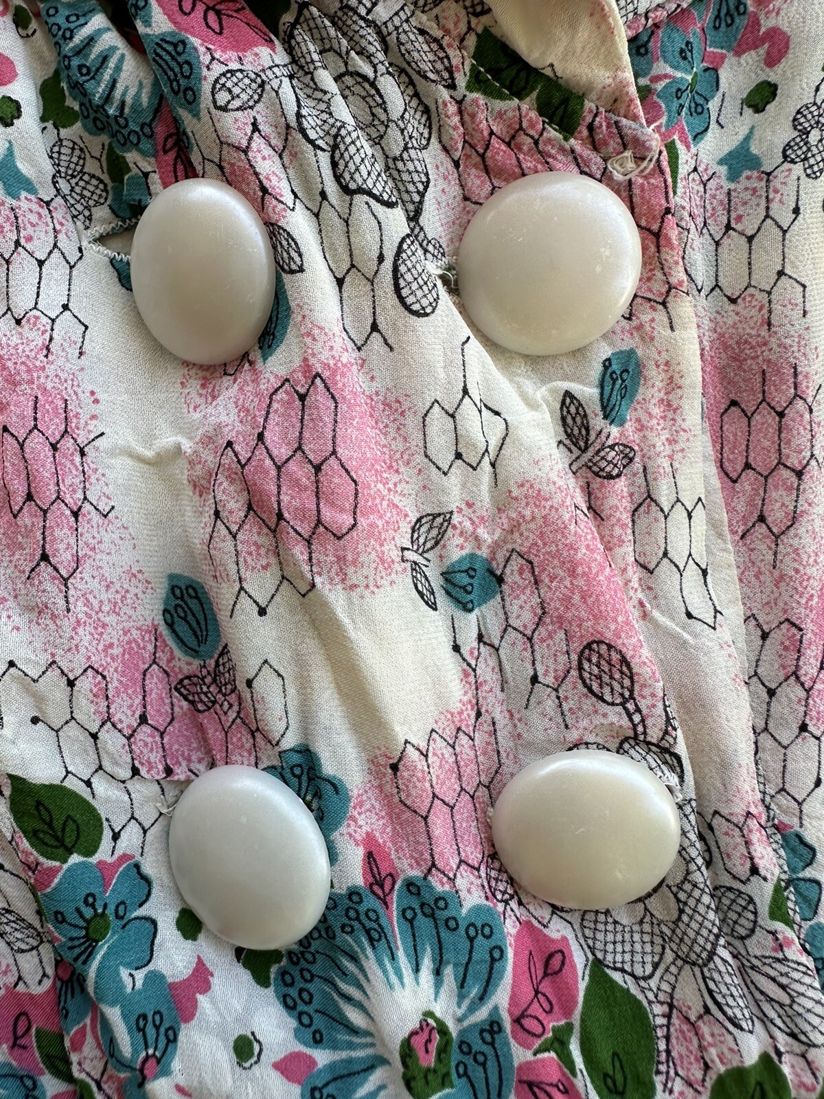 Vintage 1940s Floral Crepe Day Dress Big Collar Novelty Print Pink Blue Small
