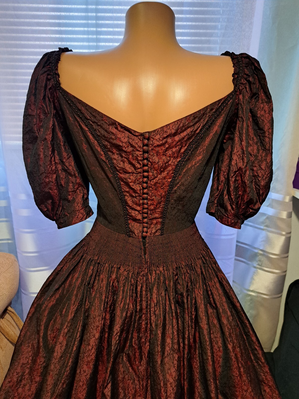 Vtg Edwardian Revival Gothic Burgundy Dress S C-D Bust Silk Blend Puff Sleeves