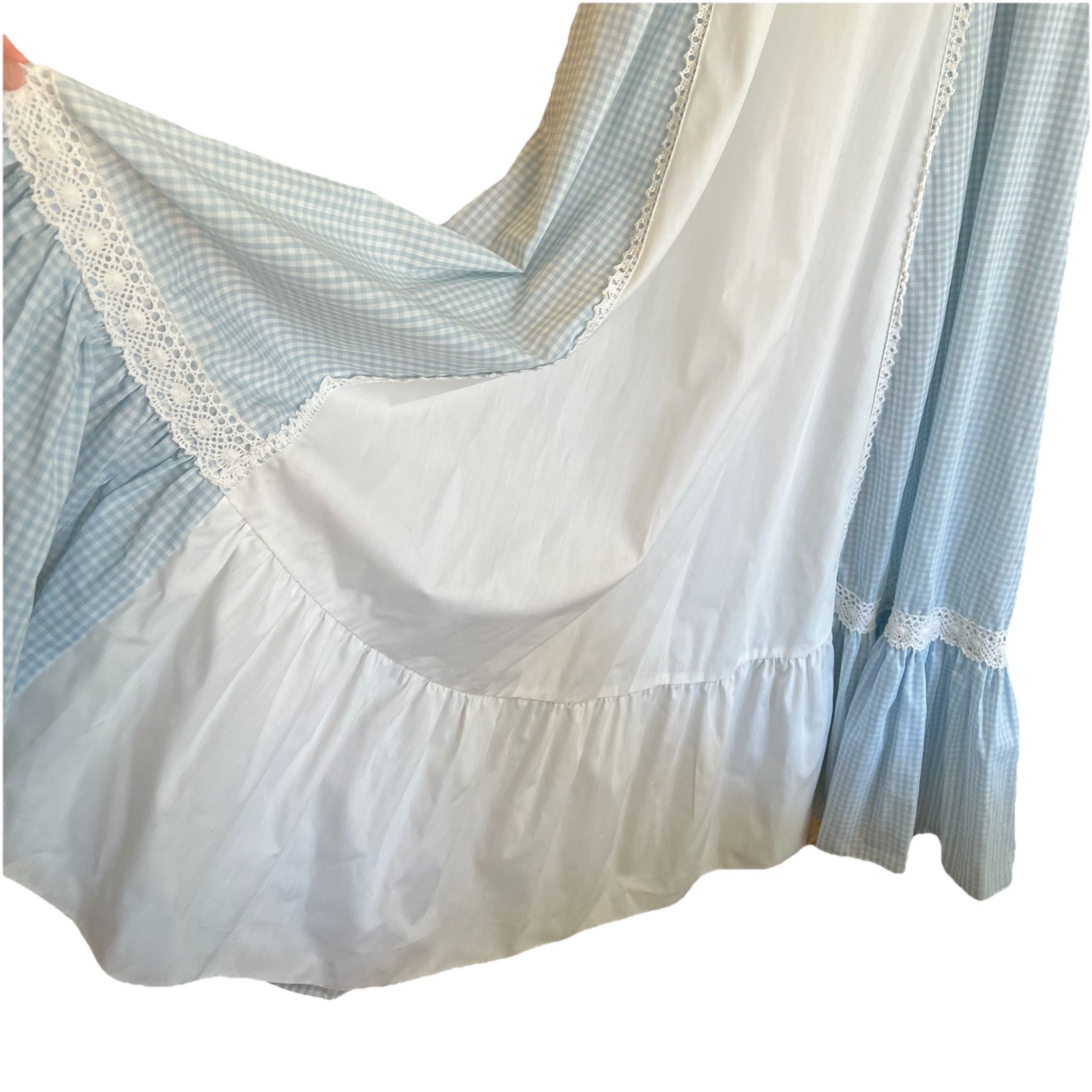 Vintage 70s Gunne Sax Maxi Dress Size 11 Gingham Blue Corset Front Crochet Lace