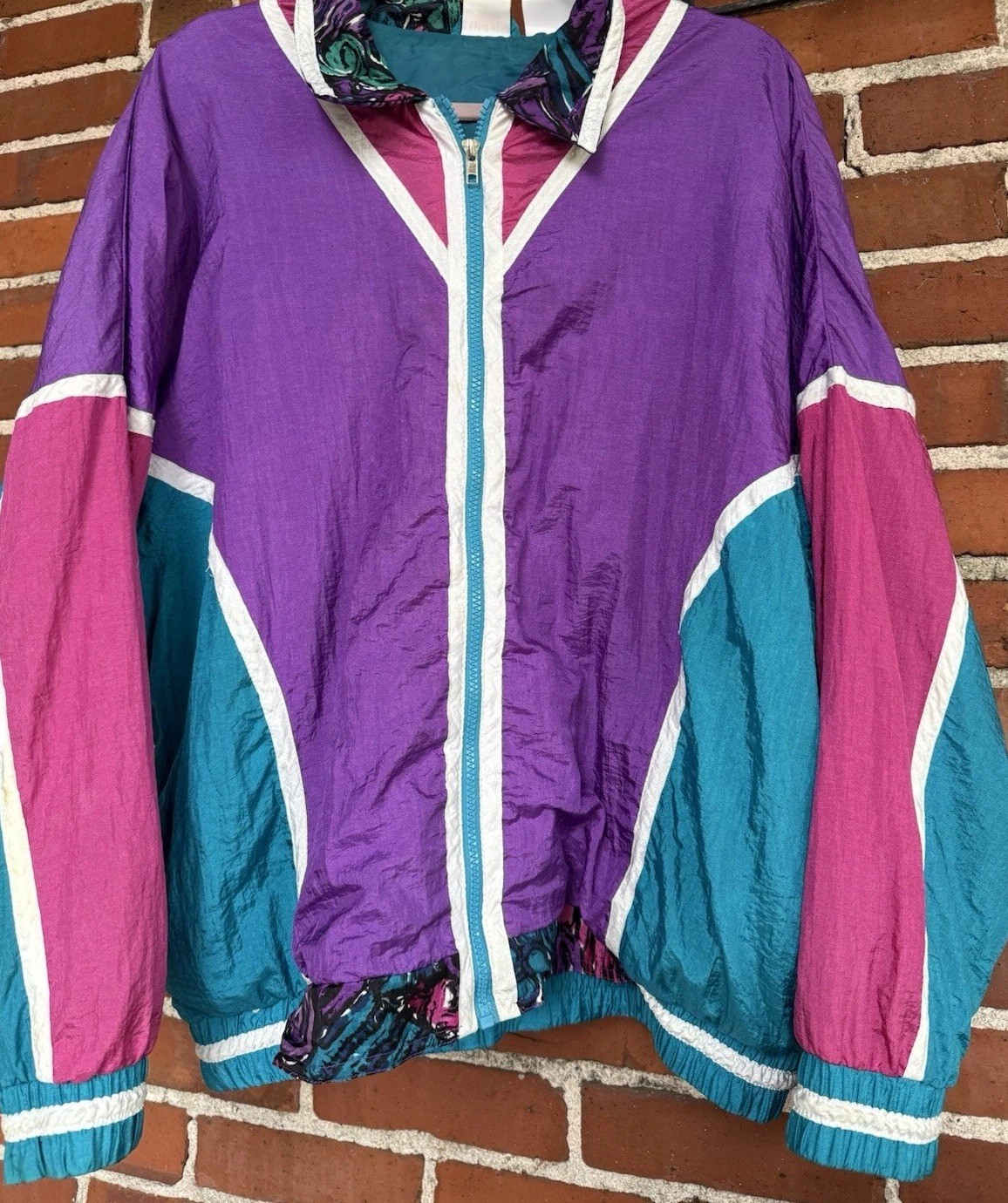 80s/90s Windbreaker Ladies Size XL Retro Funky Bright Teal and Purple Vintage