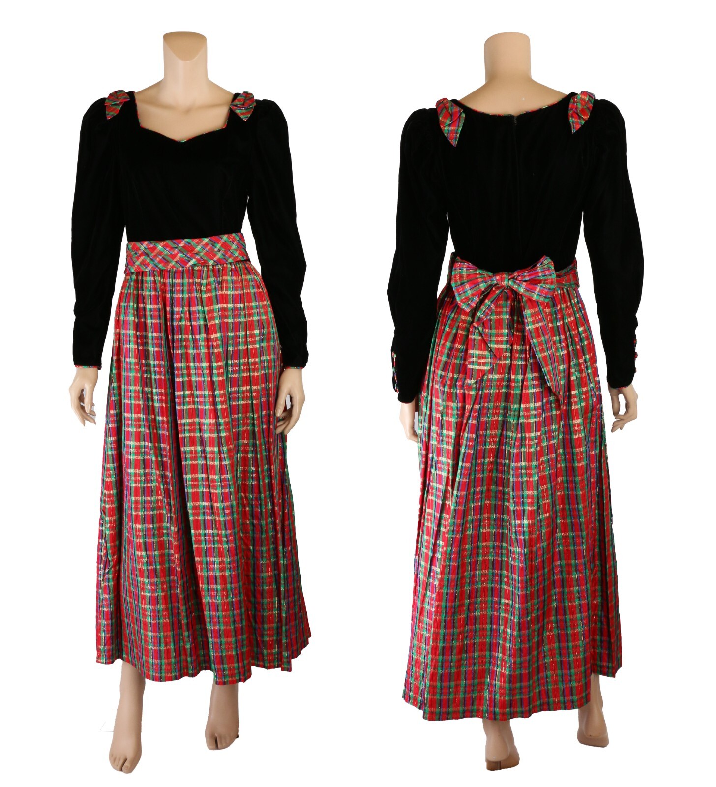 Storybook Heirlooms Vintage 80s Black Velvet Red Plaid Holiday Party Dress sz 12