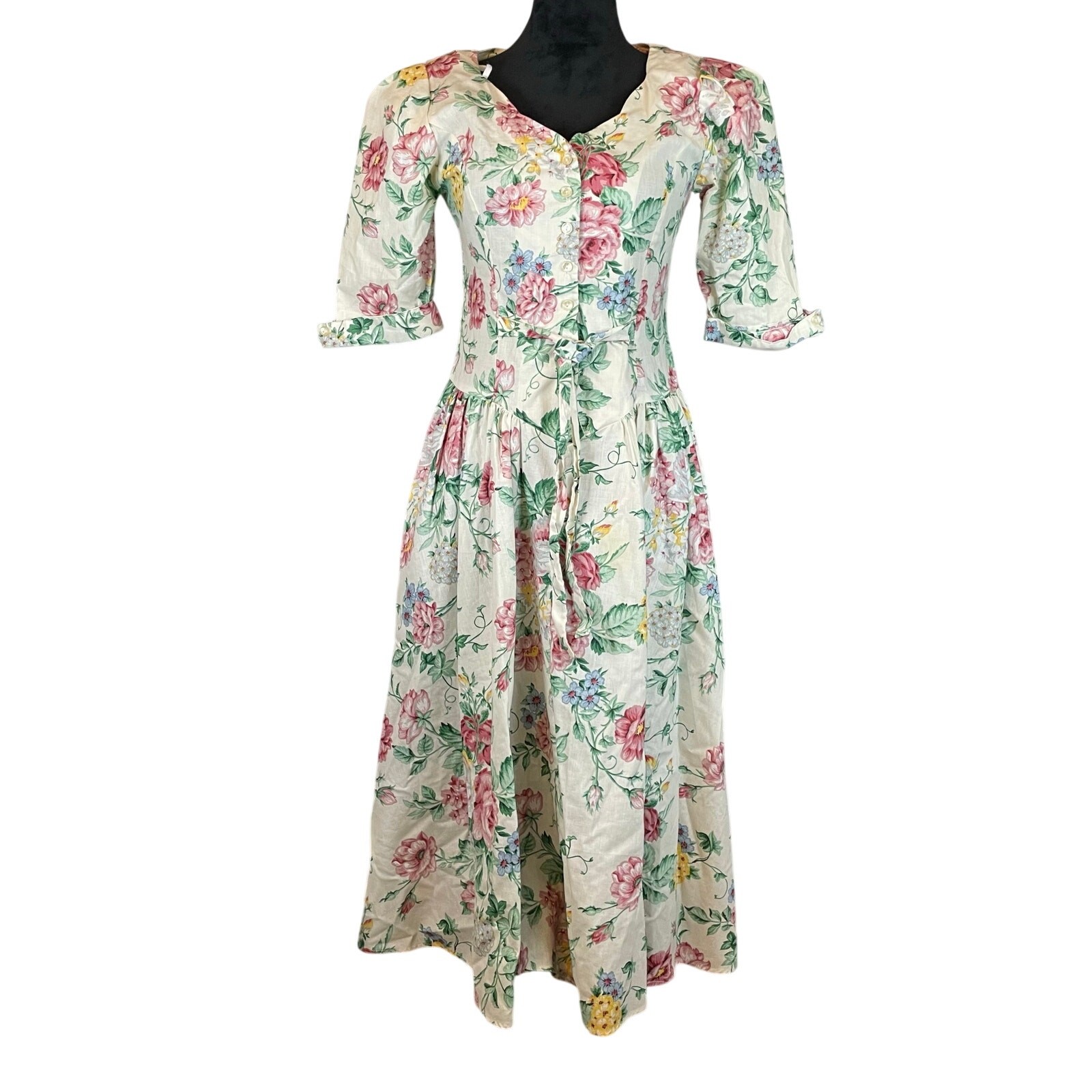 Betsy’s Things Vintage 80s Farmhouse Floral Midi Dress Pink Green 4 Women USA