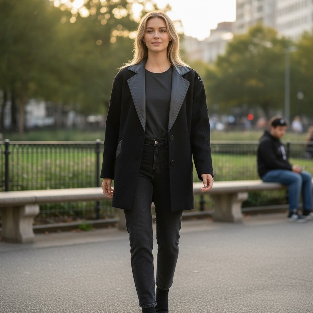 David Benjamin Collection Black Wool Leather Trim Soutache Shoulder Coat Large