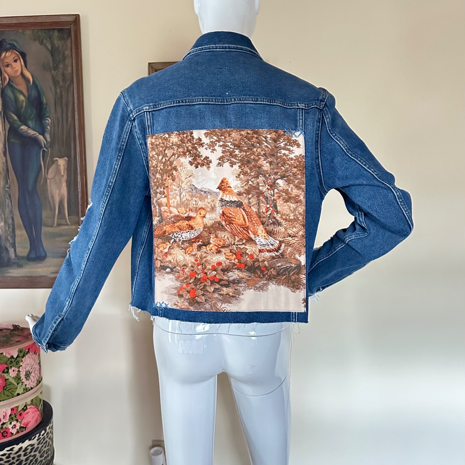 Vintage 80s Cut-off Denim Jacket Back Patch Distressed Custom Upcycled M/L