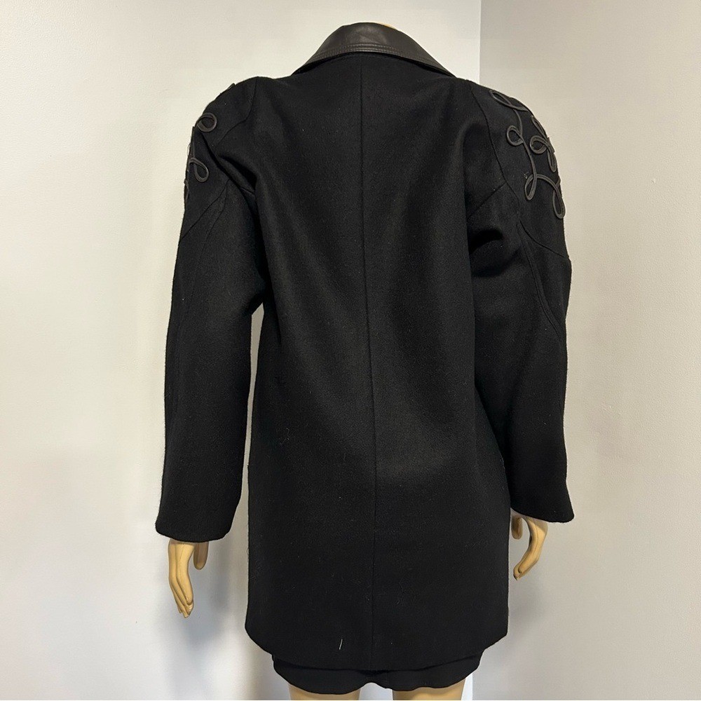David Benjamin Collection Black Wool Leather Trim Soutache Shoulder Coat Large