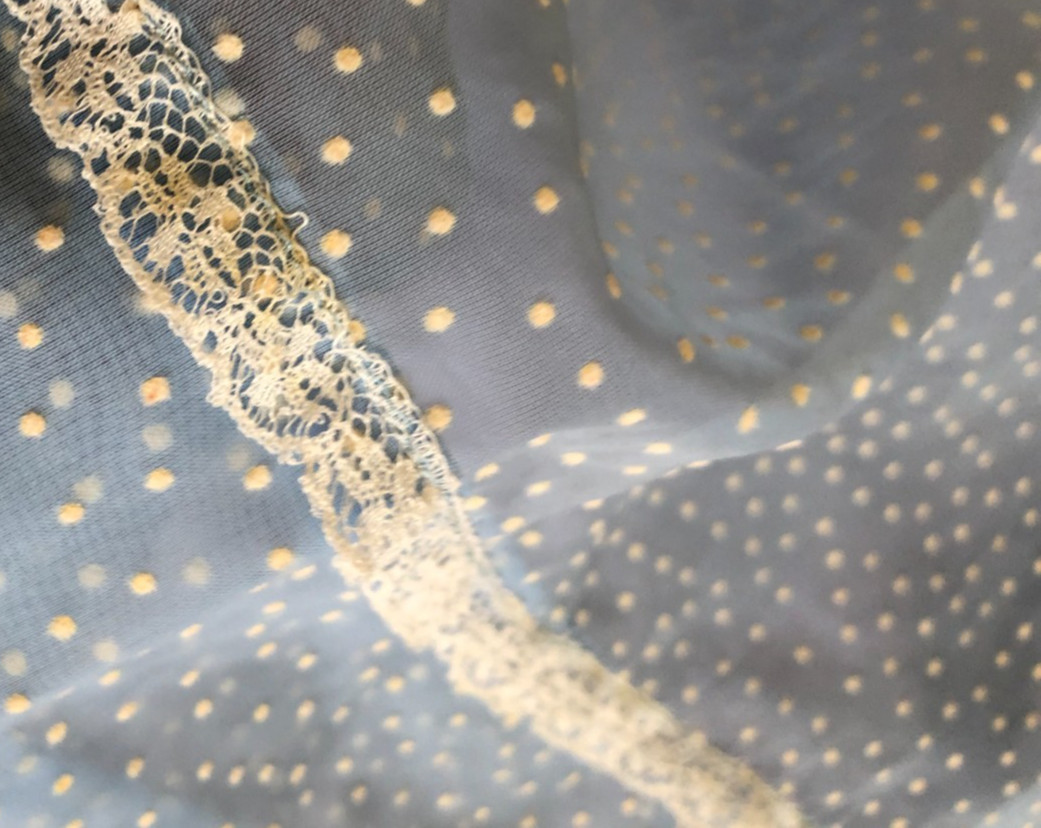 Vintage 1950s Handmade blue sheer dotted swiss womens dress lining& hair tie