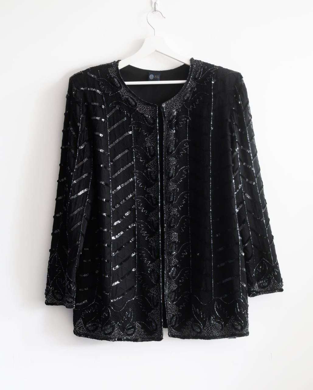 Vintage 100% Silk Beaded Sequin Black Evening Jacket C&A Your Sixth Sense XL