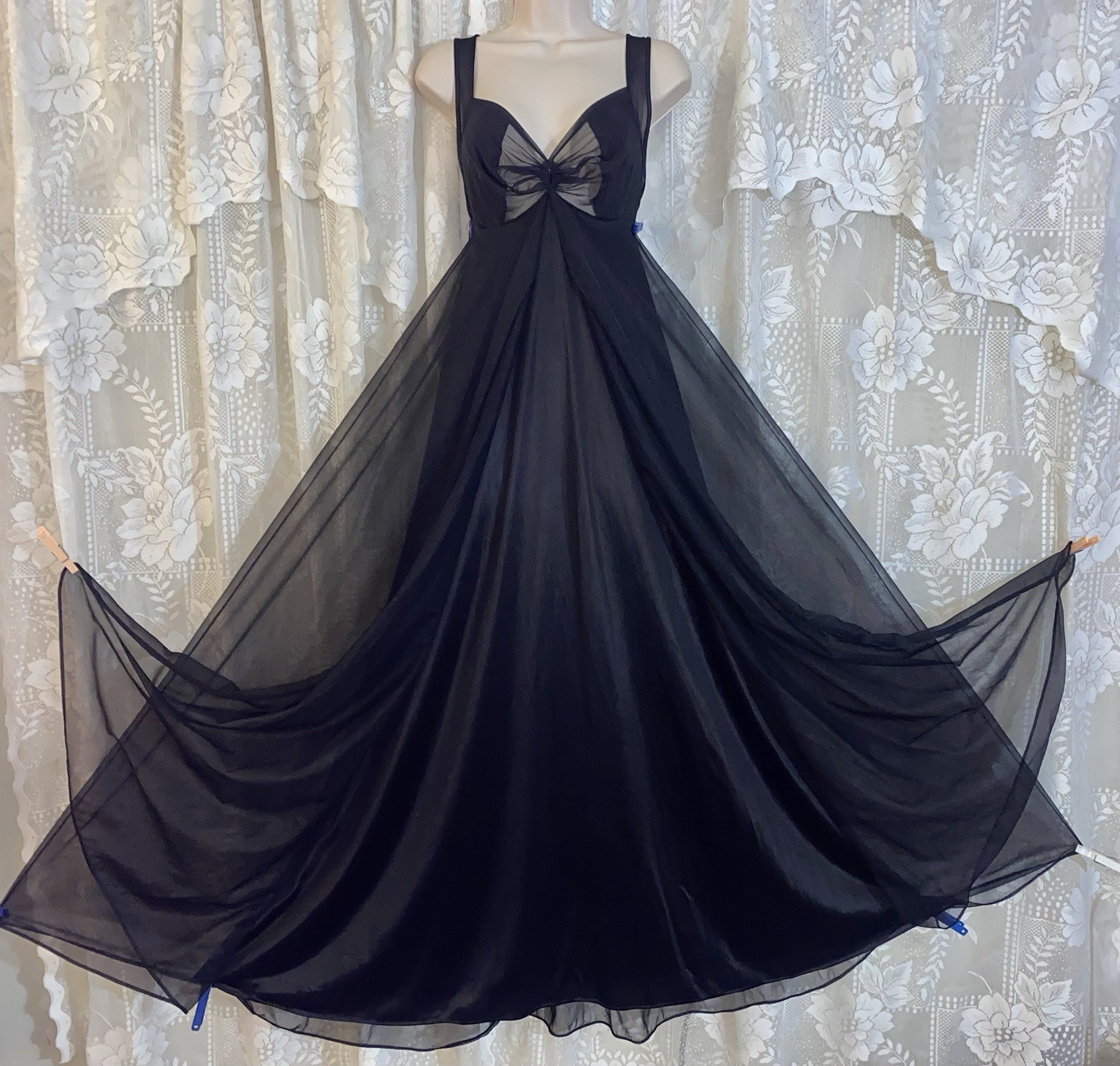 VTG 36 TALL Black FULL Sweep Glamour Sheer Chiffon over Nylon Nightgown Negligee